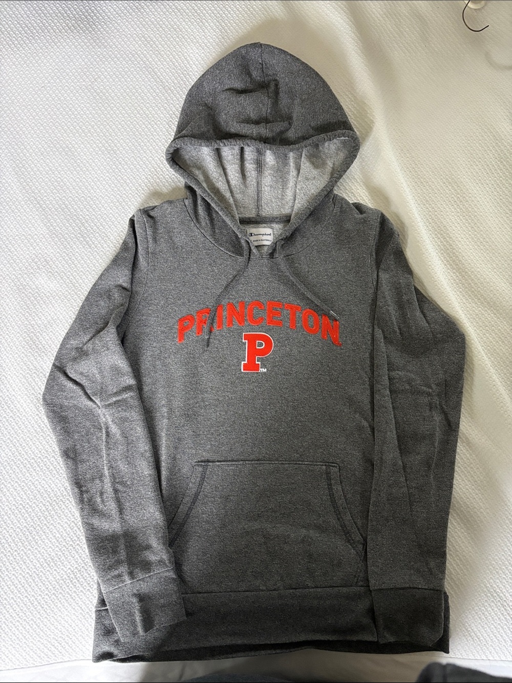 Champion Gray Hoodie with Orange-Red Princeton Lettering